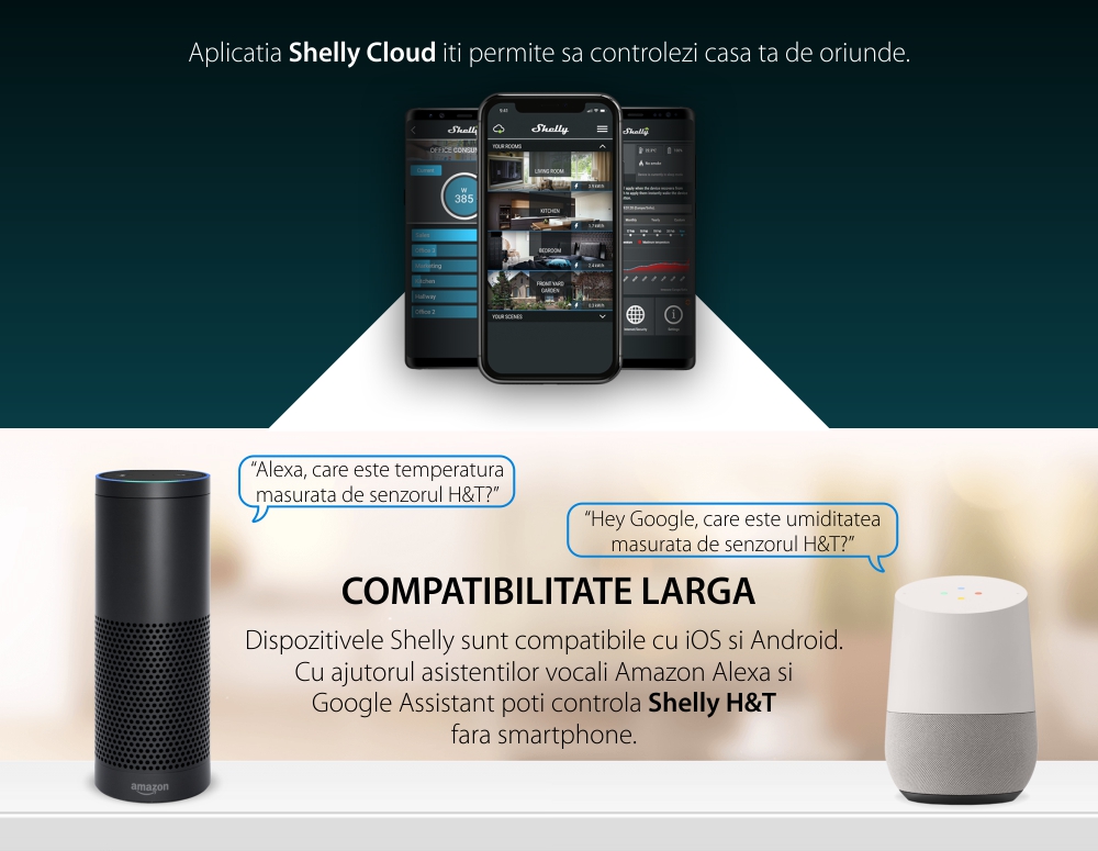 Senzor de temperatura si umiditate Shelly H&T, Wi-Fi, Monitorizare aplicatie, Verificare istoric