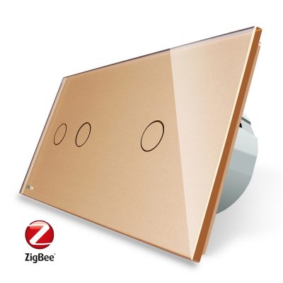 Intrerupator dublu + simplu cu touch Livolo din sticla, Protocol ZigBee, Control de pe telefon culoare aurie