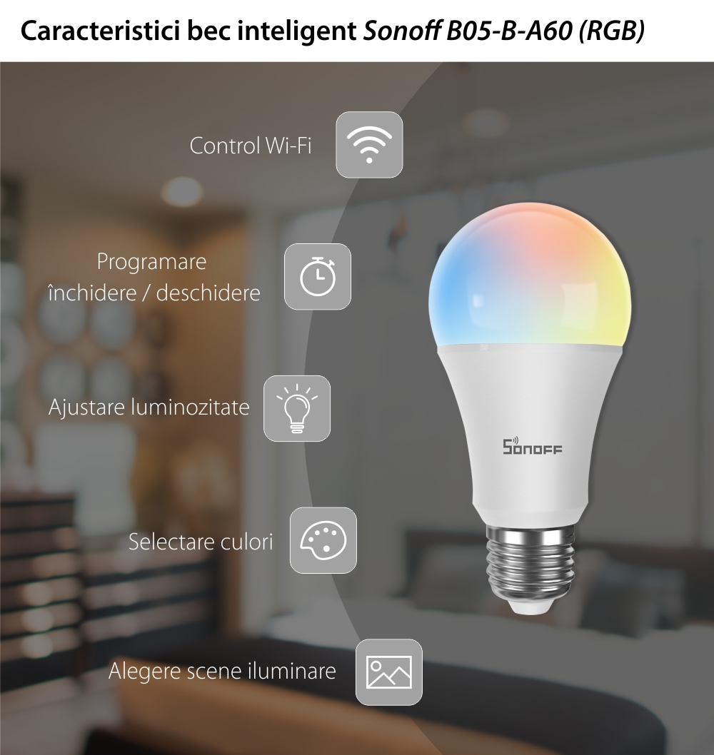 Bec inteligent cu LED Sonoff B02-B-A60, Lumina calda / rece, Putere 9W, 806 LM, Control aplicatie