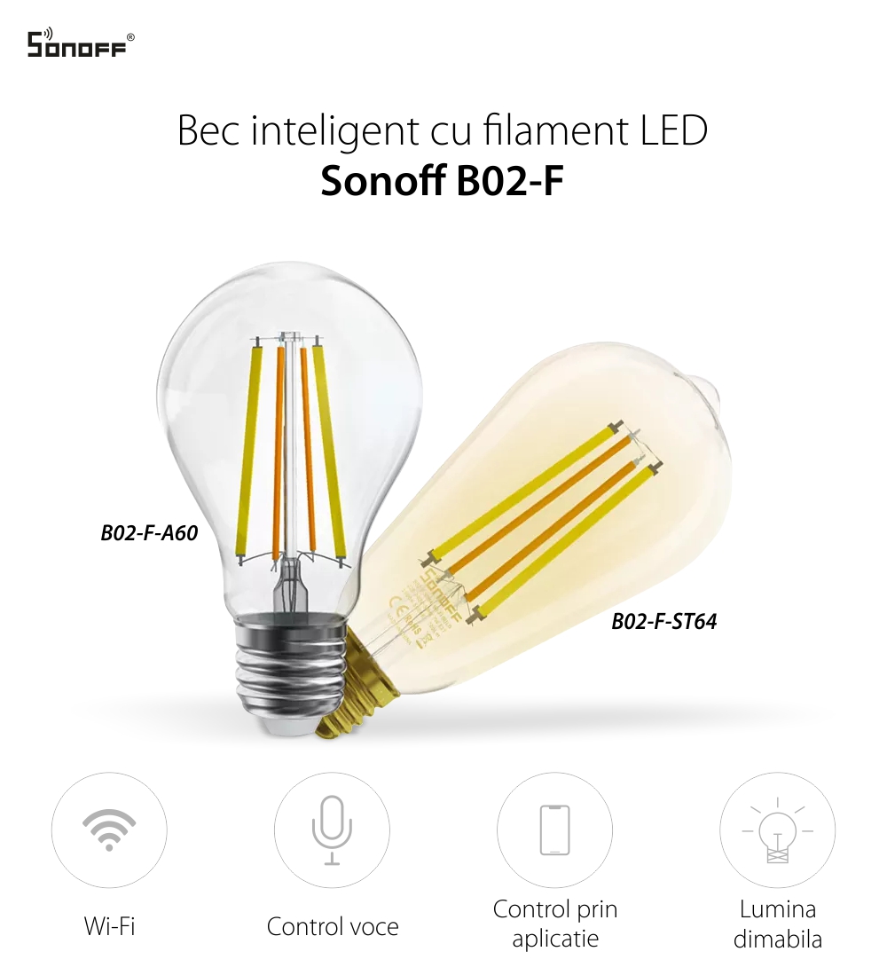 Bec inteligent LED Sonoff B02-F-ST64, Wi-Fi, 7W, 700 LM, Dimmer, Control aplicatie