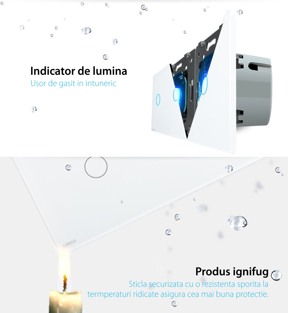 Intrerupator simplu + dublu cu touch Livolo din sticla, Protocol ZigBee, Control de pe telefonul mobil