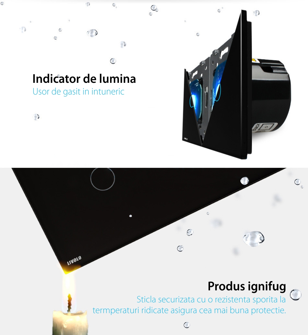 Intrerupator cu touch simplu+simplu+dublu LIVOLO din sticla, Protocol ZigBee, Control de pe telefon