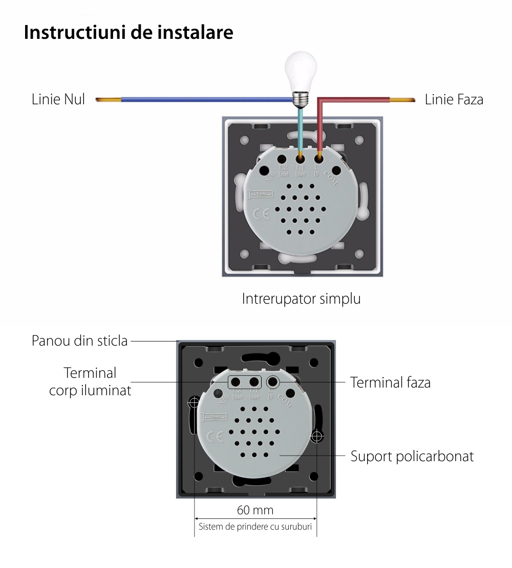 Intrerupator LIVOLO cu touch din sticla cu 4 intrerupatoare simple, Protocol ZigBee, Control de pe telefon