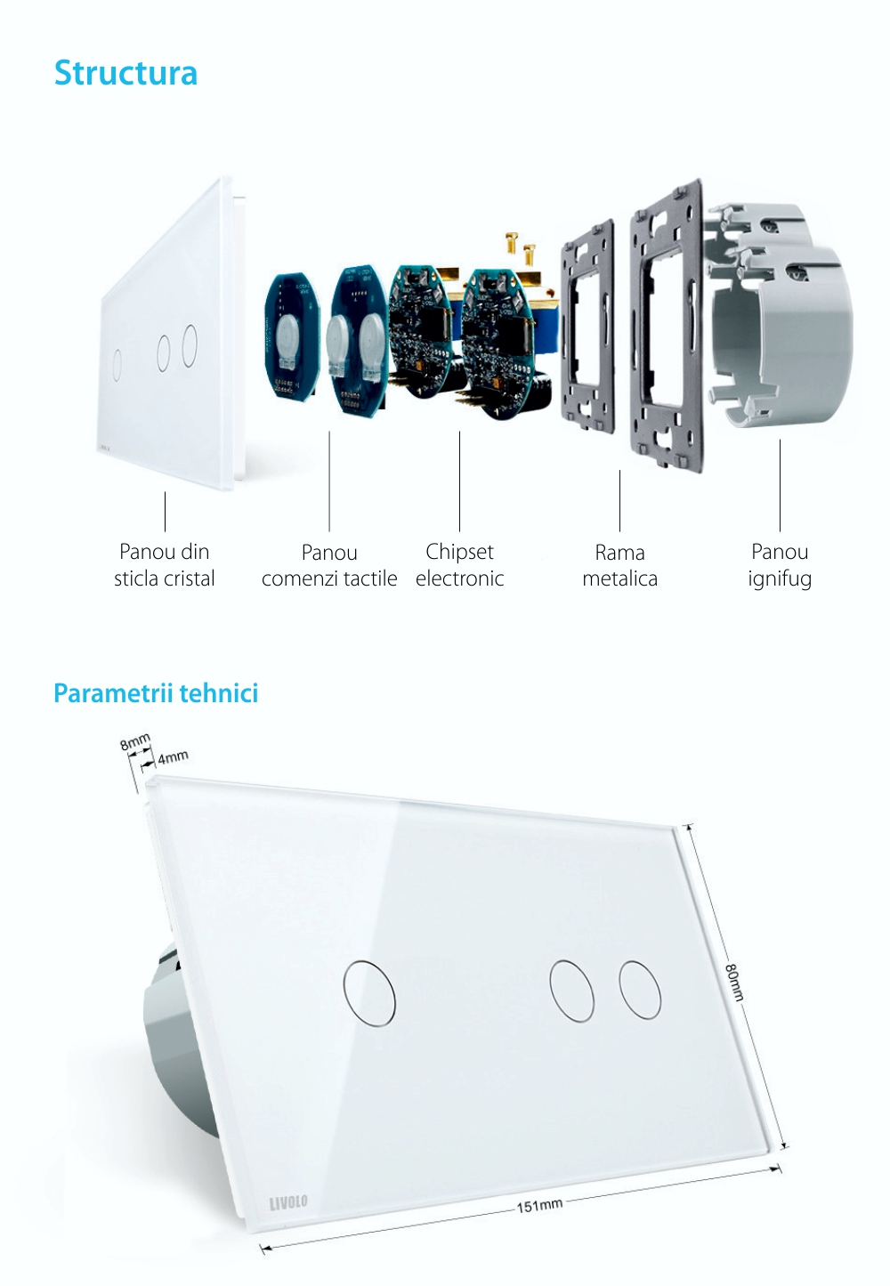 Intrerupator simplu + dublu cu touch Livolo din sticla, Protocol ZigBee, Control de pe telefonul mobil