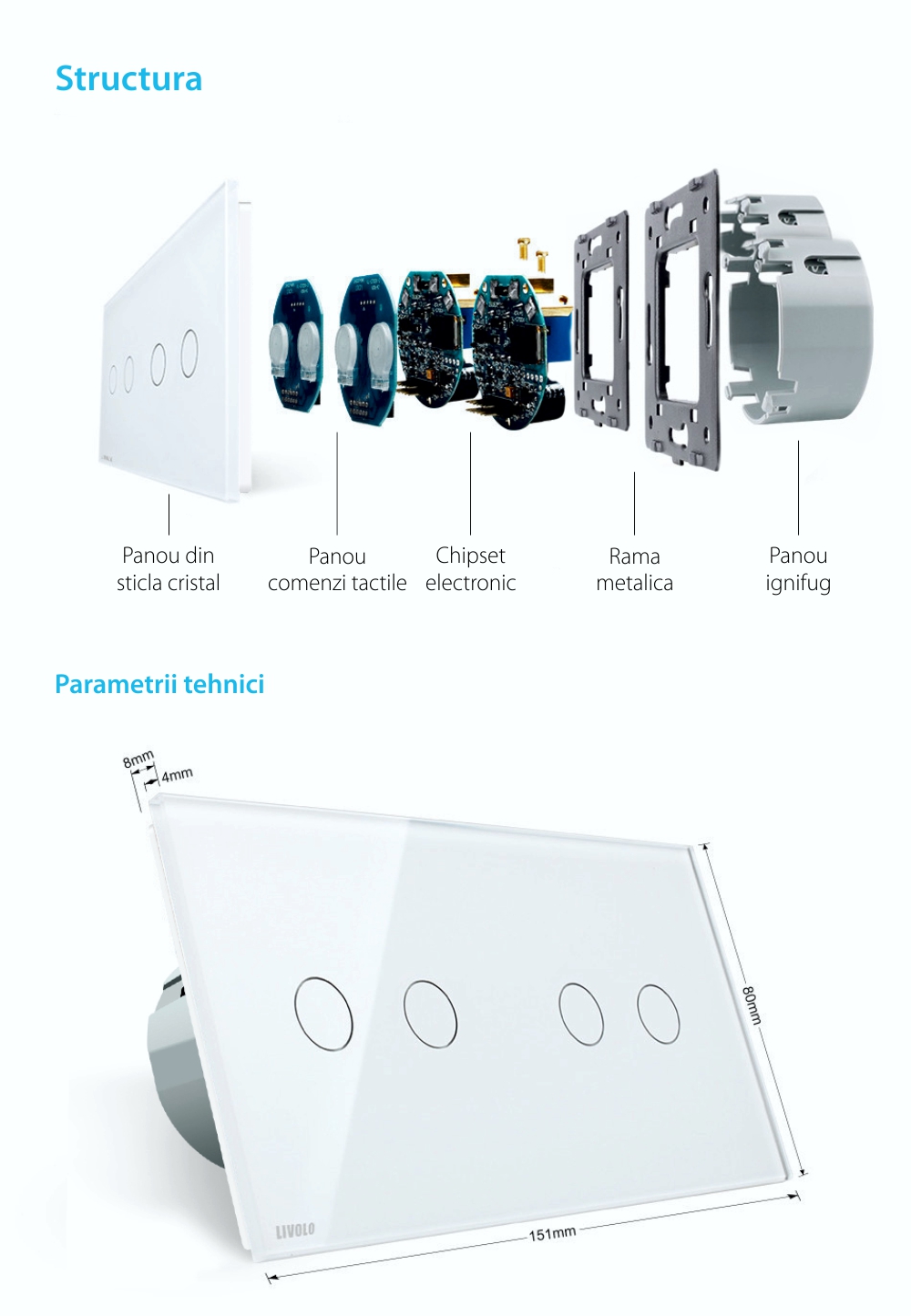 Intrerupator dublu + dublu cu touch Livolo din sticla, Protocol ZigBee, Control de pe telefon