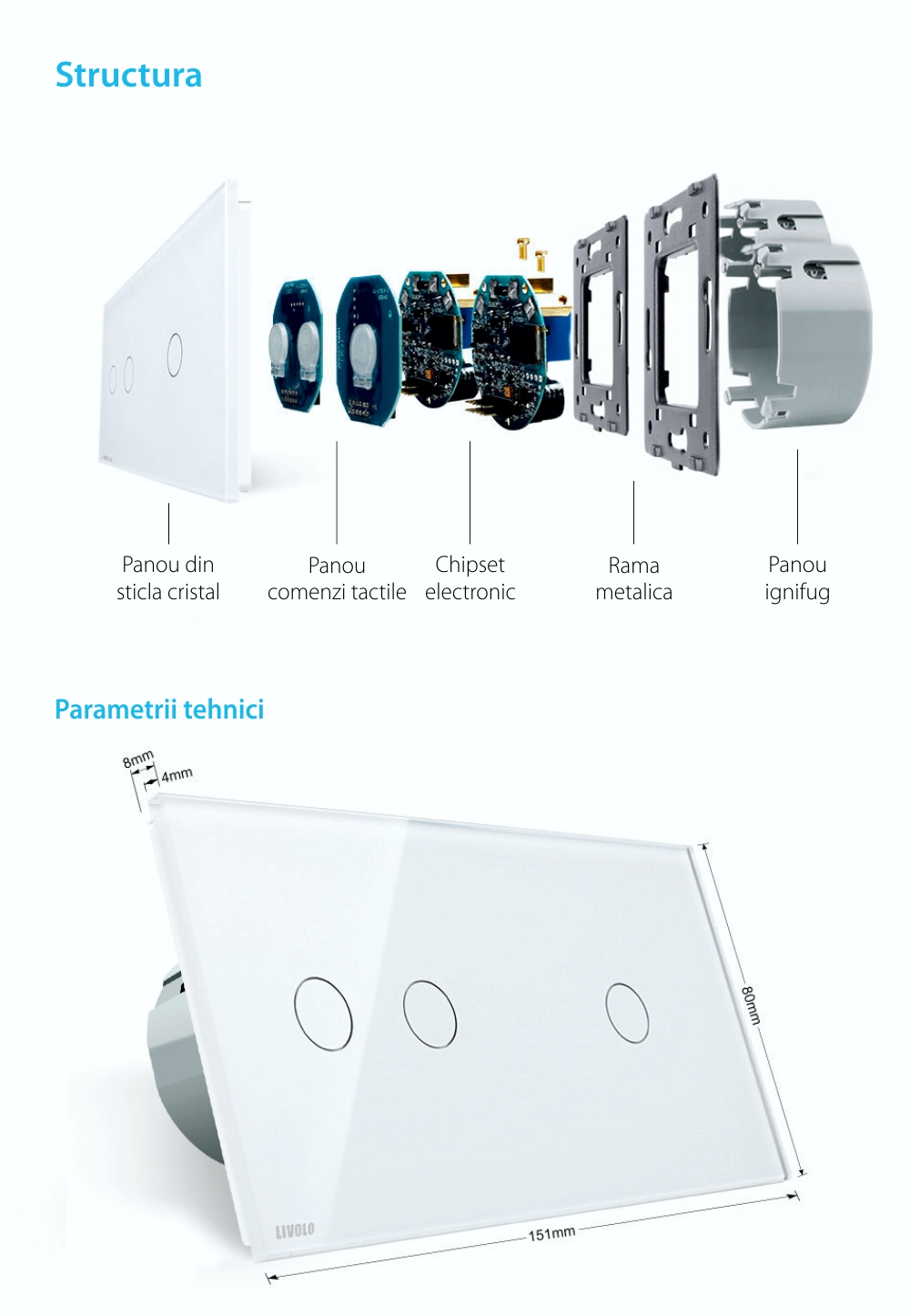 Intrerupator dublu + simplu cu touch Livolo din sticla, Protocol ZigBee, Control de pe telefon