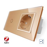 Intrerupator simplu cap scara / cap cruce ZigBee + priza simpla Livolo ZigBee, Rama din sticla, Control de pe telefon culoare aurie