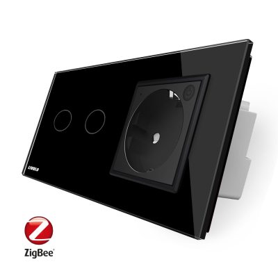 Intrerupator dublu ZigBee + priza simpla ZigBee Livolo, rama din sticla, Control de pe telefon culoare neagra