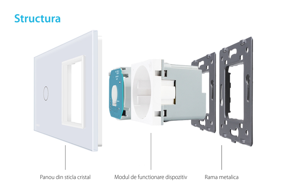 Intrerupator simplu cap scara / cap cruce ZigBee + priza simpla Livolo ZigBee, Rama din sticla, Control de pe telefon