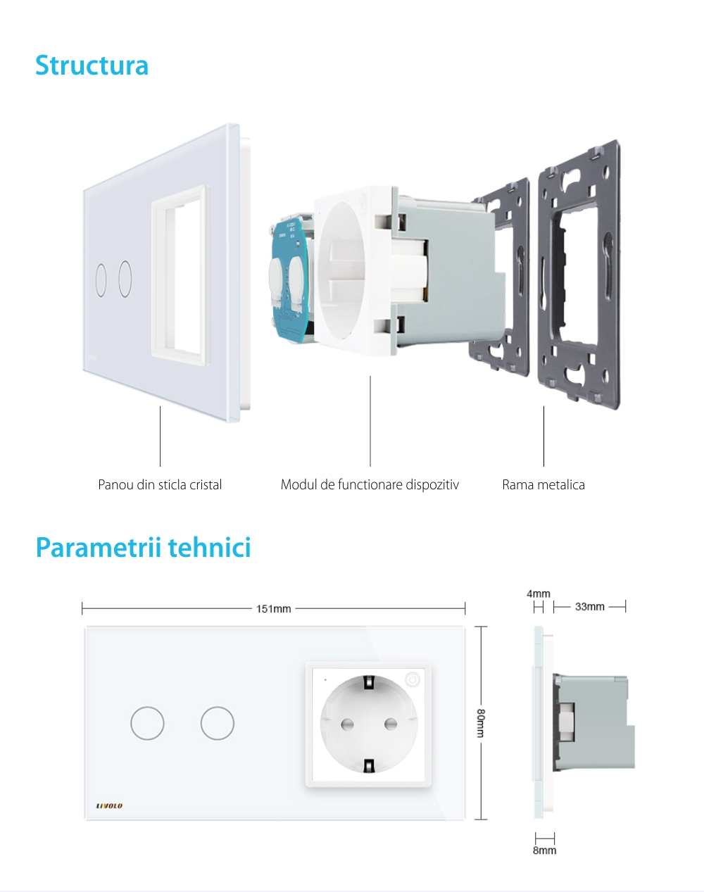 Intrerupator dublu cap scara / cap cruce, ZigBee + priza simpla Livolo ZigBee, rama din sticla, Control de pe telefon