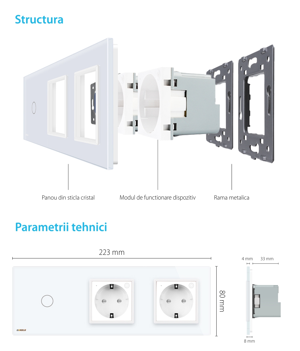 Intrerupator LIVOLO simplu ZigBee cap scara / cap cruce cu touch si 2 prize ZigBee din sticla, Control de pe telefon