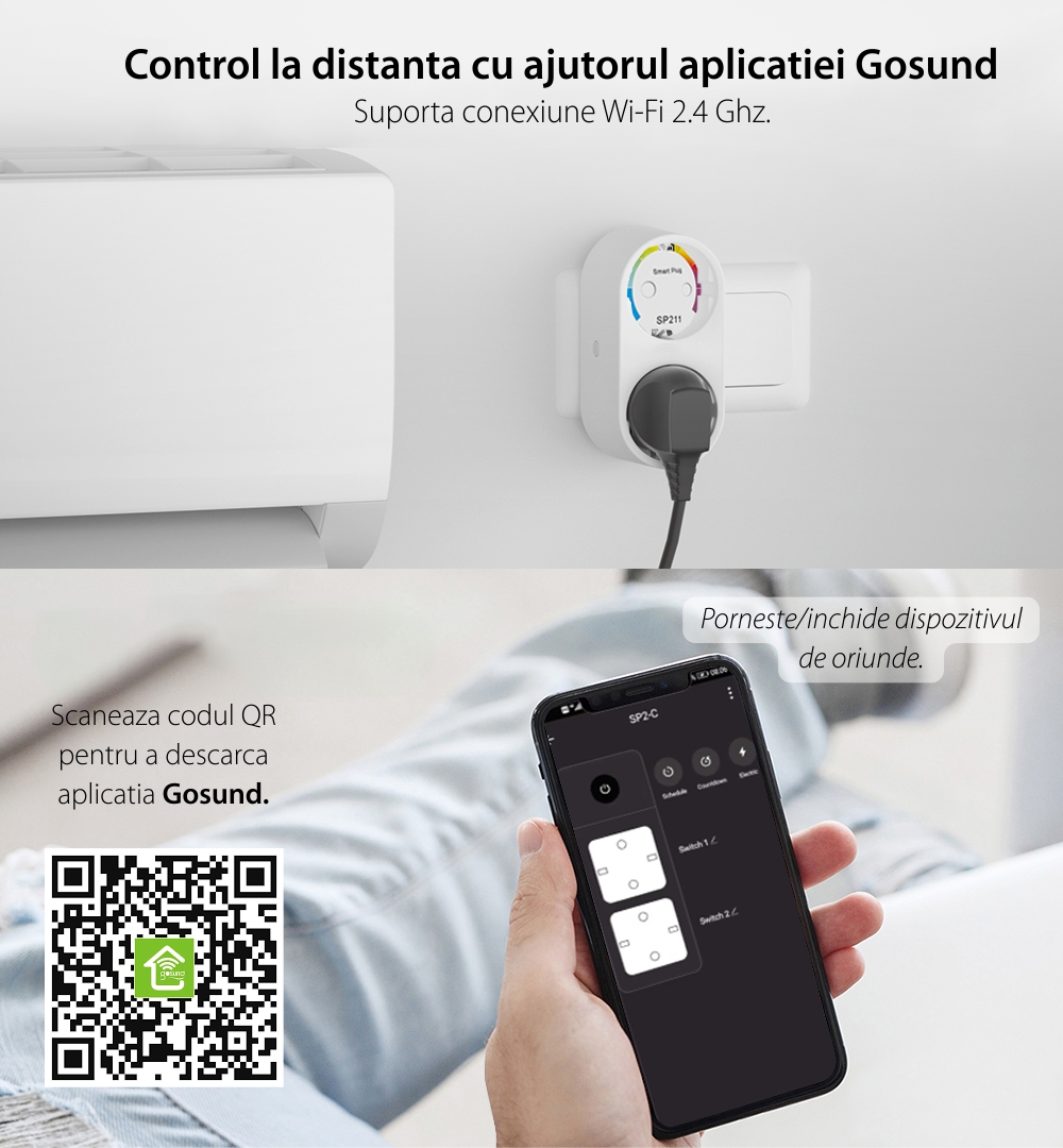 Priza smart dubla Gosund SP211, Control prin aplicatie, Programare si timer Putere max. 3680 W, Curent 16 A