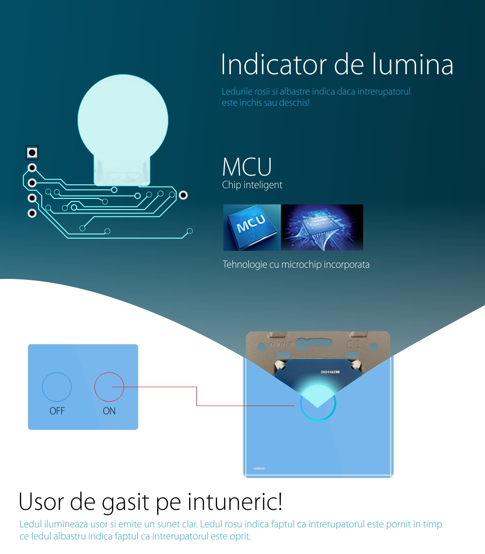 Intrerupator simplu cu revenire contact uscat Livolo cu touch din sticla