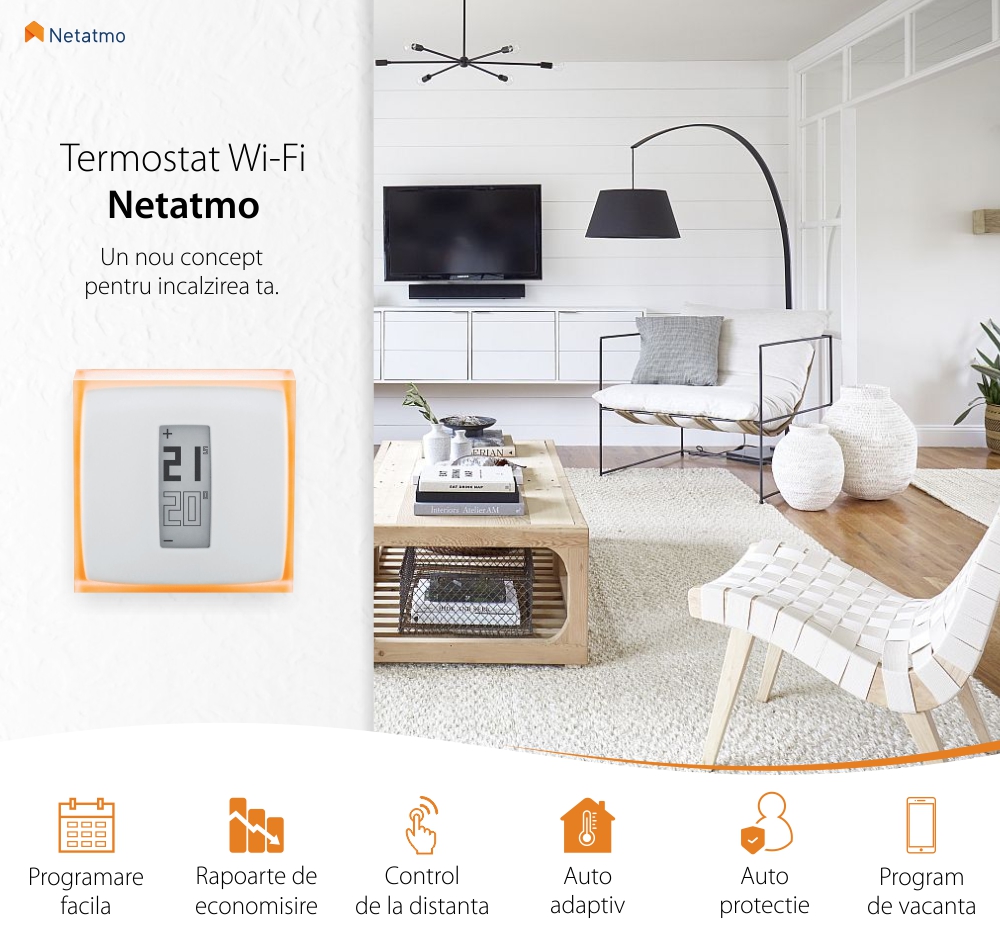 Termostat Wi-Fi inteligent Netatmo, Control de la distanta, Programare, Eficienta energetica