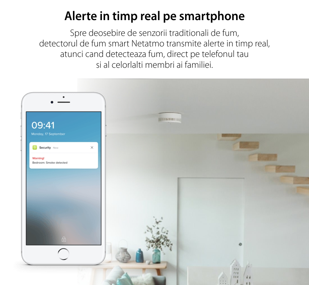 Senzor de fum Netatmo, Wireless, Volum 85 dB, Notificari aplicatie, Functionare fara Hub