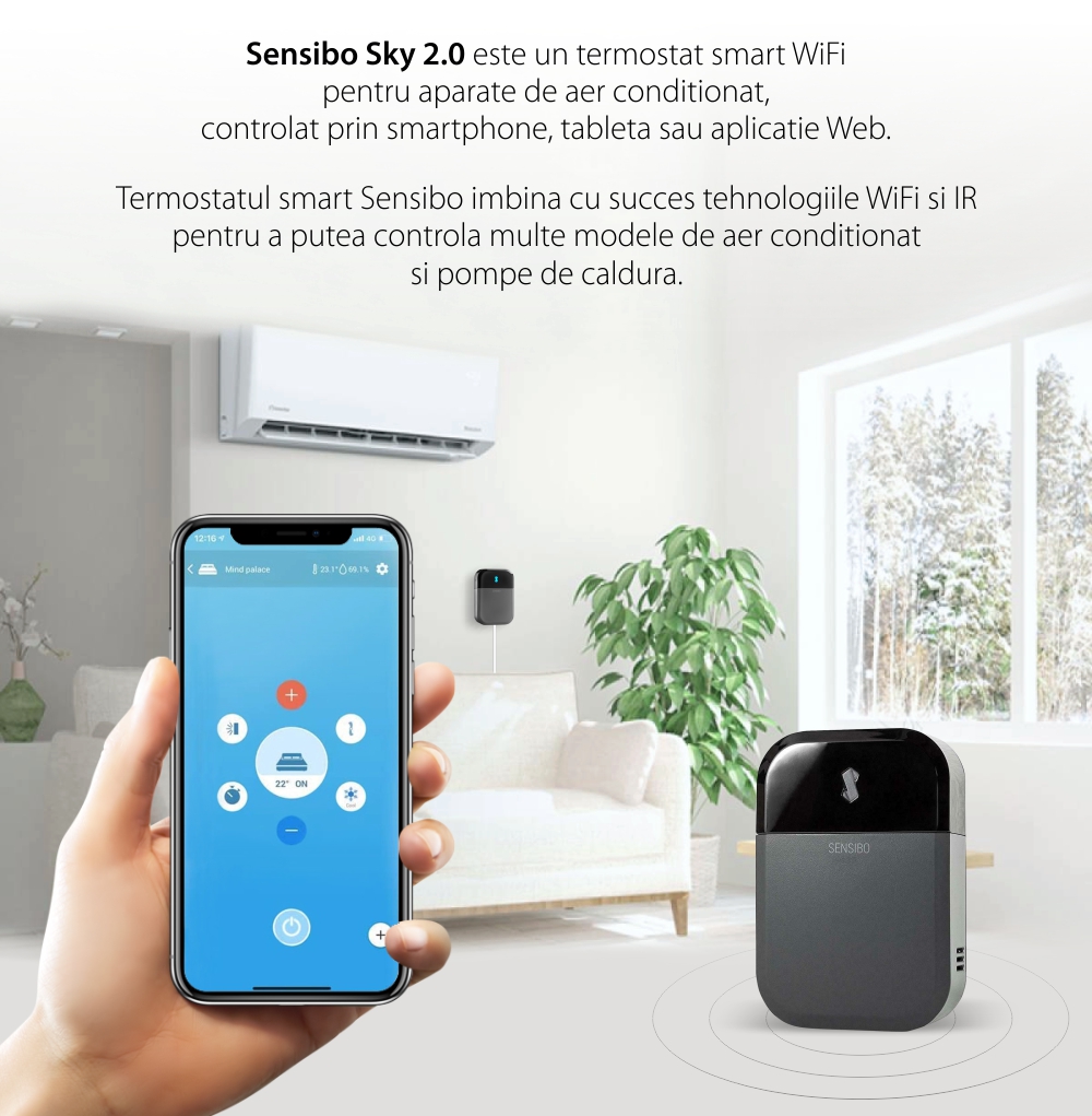 Termostat smart pentru aer conditionat Sensibo Sky 2.0, Senzori temperatura & umiditate, Compatibil cu asistenti vocali