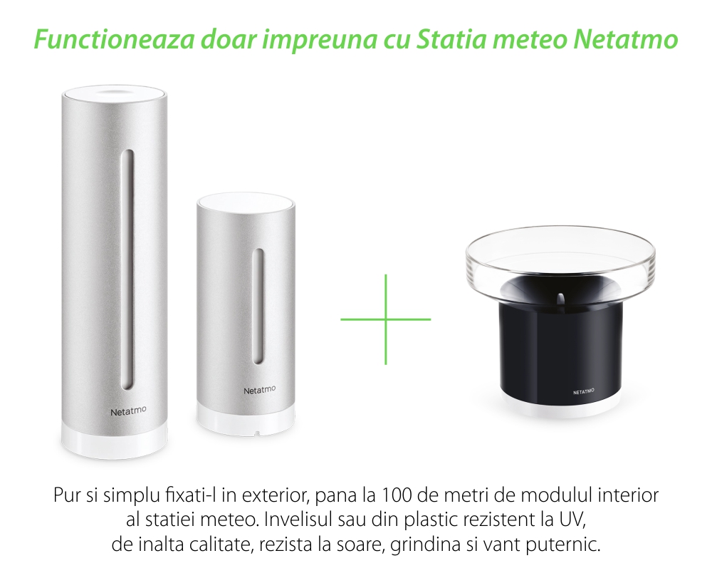 Modul de ploaie / Pluviometru Netatmo, Wi-Fi, Monitorizare precipitatii, Afisare date in aplicatie