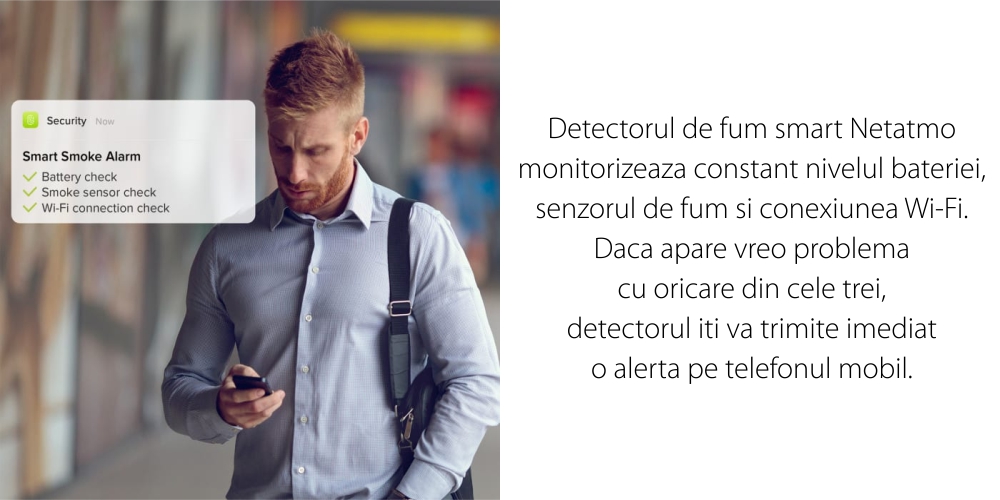 Senzor de fum Netatmo, Wireless, Volum 85 dB, Notificari aplicatie, Functionare fara Hub