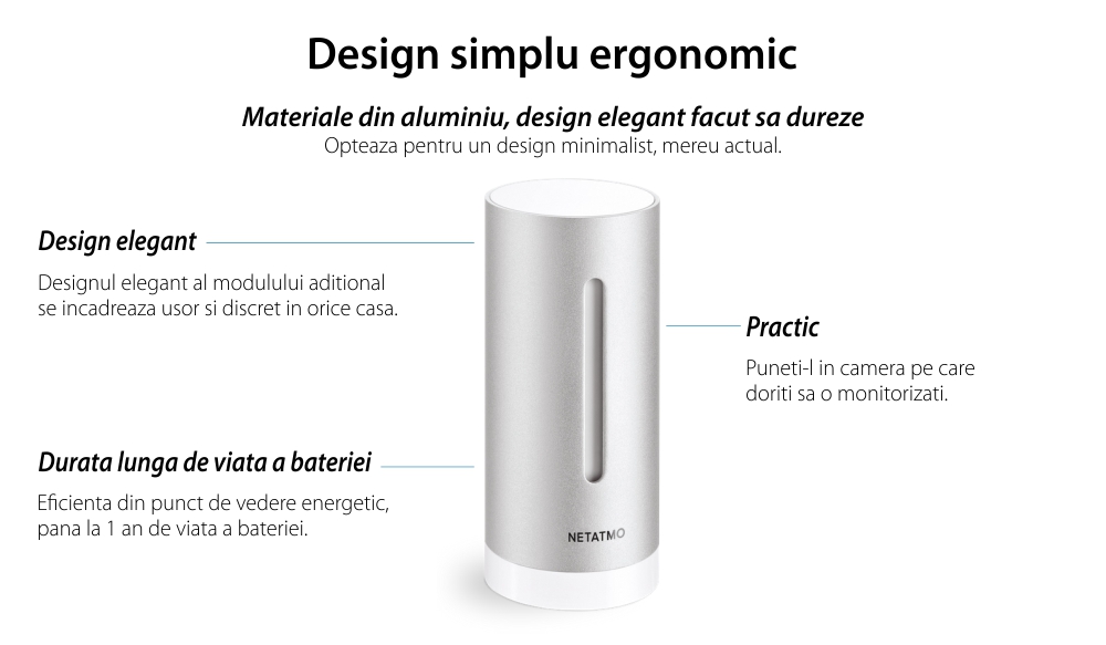 Modul aditional interior pentru statia meteo Netatmo, Conexiune Wi-Fi, Monitorizare temperatura, umiditate si dioxid de carbon