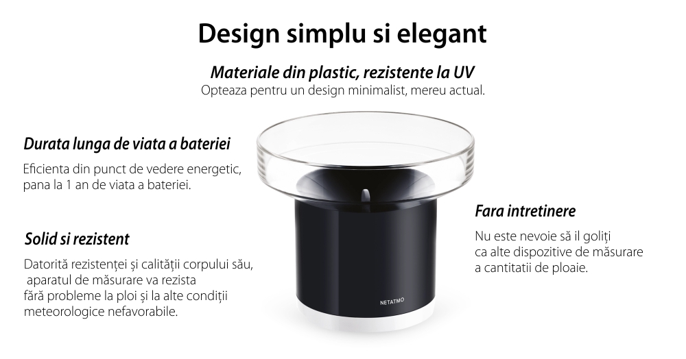 Modul de ploaie / Pluviometru Netatmo, Wi-Fi, Monitorizare precipitatii, Afisare date in aplicatie