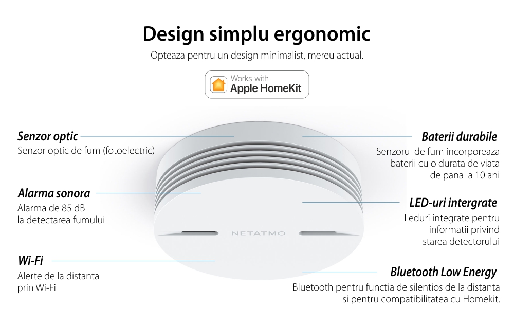 Senzor de fum Netatmo, Wireless, Volum 85 dB, Notificari aplicatie, Functionare fara Hub