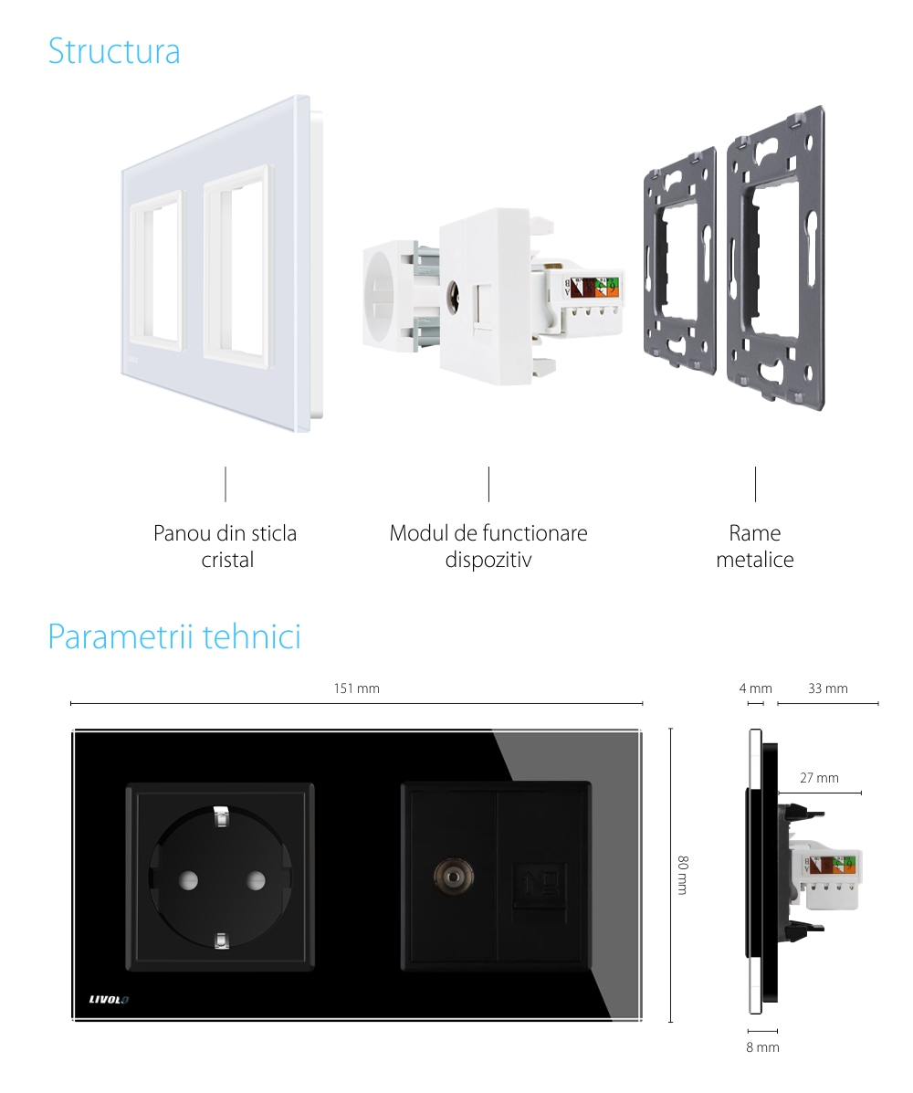 Priza dubla Livolo cu rama din sticla 1 priza Schuko+TV/internet