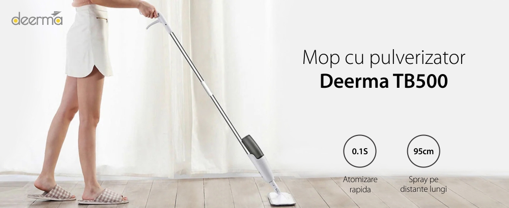 Mop cu pulverizator Deerma TB500, Alb, Laveta microfibra, Rotire 360°, Capacitate 0.35 L