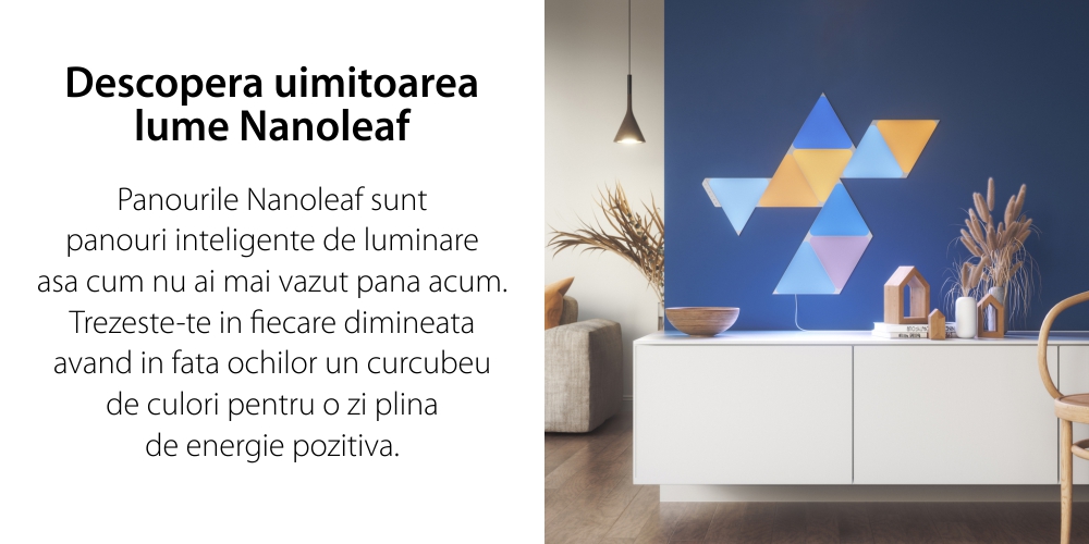 Kit 9 Panouri luminoase Nanoleaf Shapes Triangles, Iluminare LED RGBW, Senzor muzica, Flux luminos total 720 lumeni