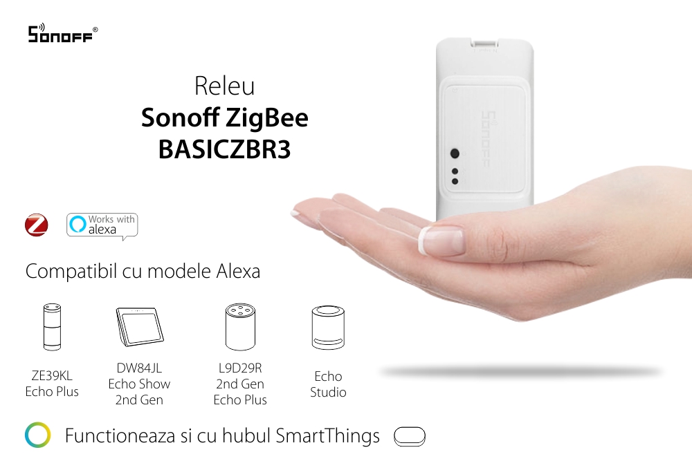 Releu wireless Sonoff Basic R3, Protocol ZigBee, Control aplicatie, Compatibil cu asistenti vocali