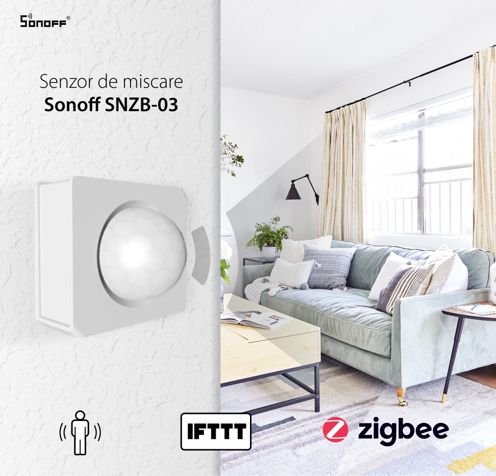 Senzor de miscare Sonoff SNZB-03, Wireless, Protocol ZigBee, Distanta detectare pana la 6 metri