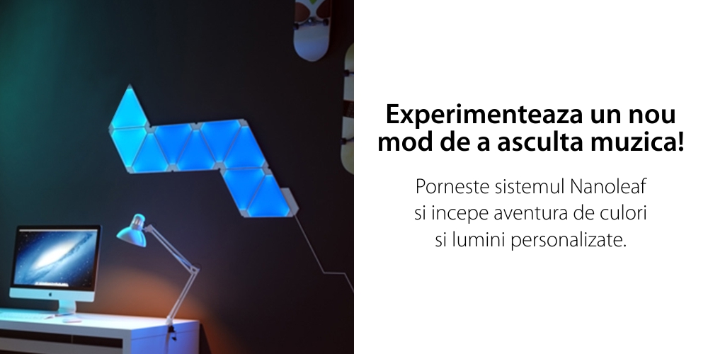 Kit 9 Panouri luminoase Nanoleaf Shapes Triangles, Iluminare LED RGBW, Senzor muzica, Flux luminos total 720 lumeni