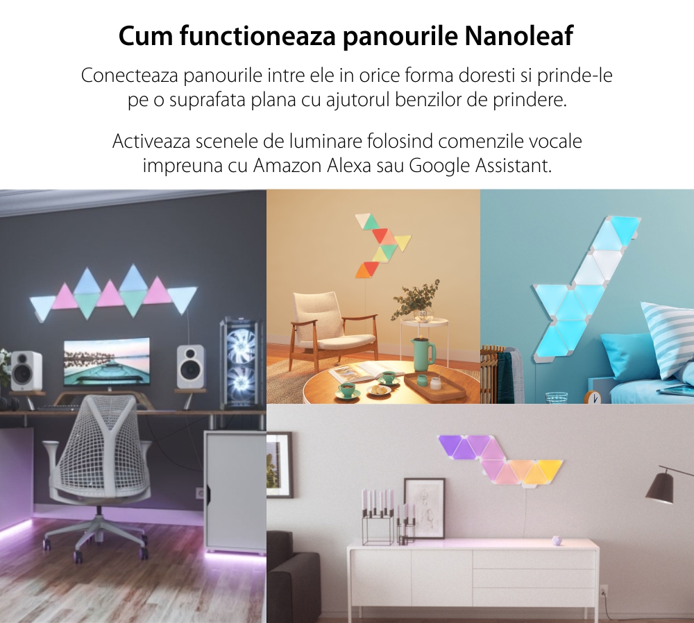 Kit 9 Panouri luminoase Nanoleaf Shapes Triangles, Iluminare LED RGBW, Senzor muzica, Flux luminos total 720 lumeni