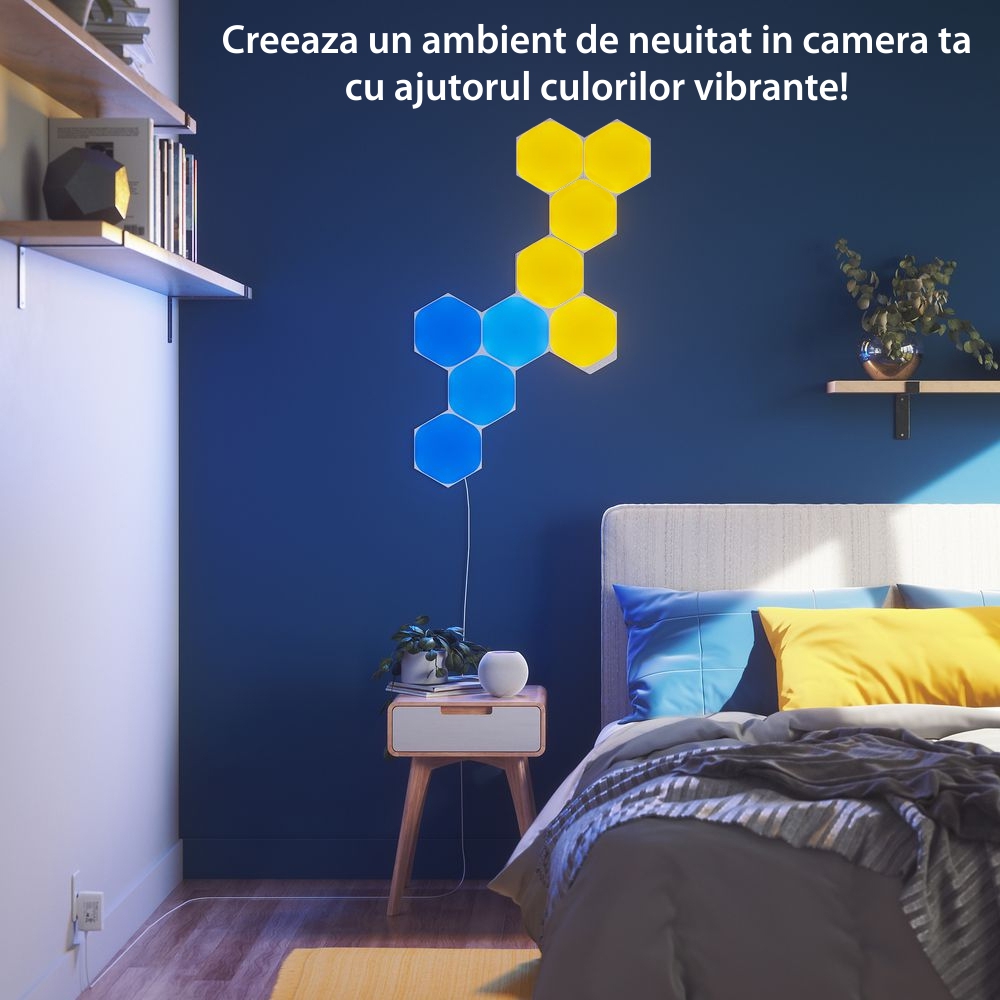 Kit 9 Panouri luminoase Nanoleaf Shapes Hexagons, 16 Milioane culori, Tehnologie LED RGBW, Cablu 2.5 m