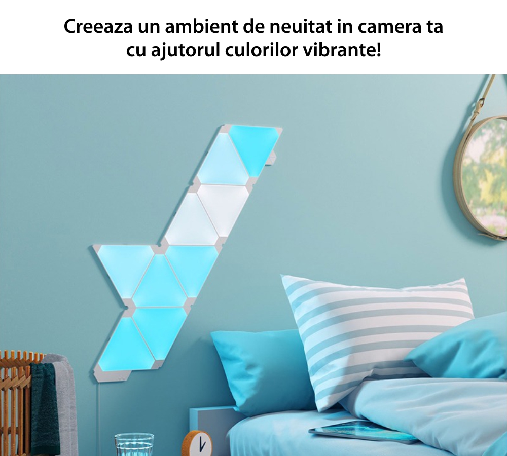 Kit 9 Panouri luminoase Nanoleaf Shapes Triangles, Iluminare LED RGBW, Senzor muzica, Flux luminos total 720 lumeni