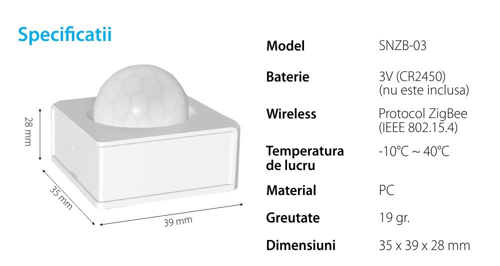 Senzor de miscare Sonoff SNZB-03, Wireless, Protocol ZigBee, Distanta detectare pana la 6 metri