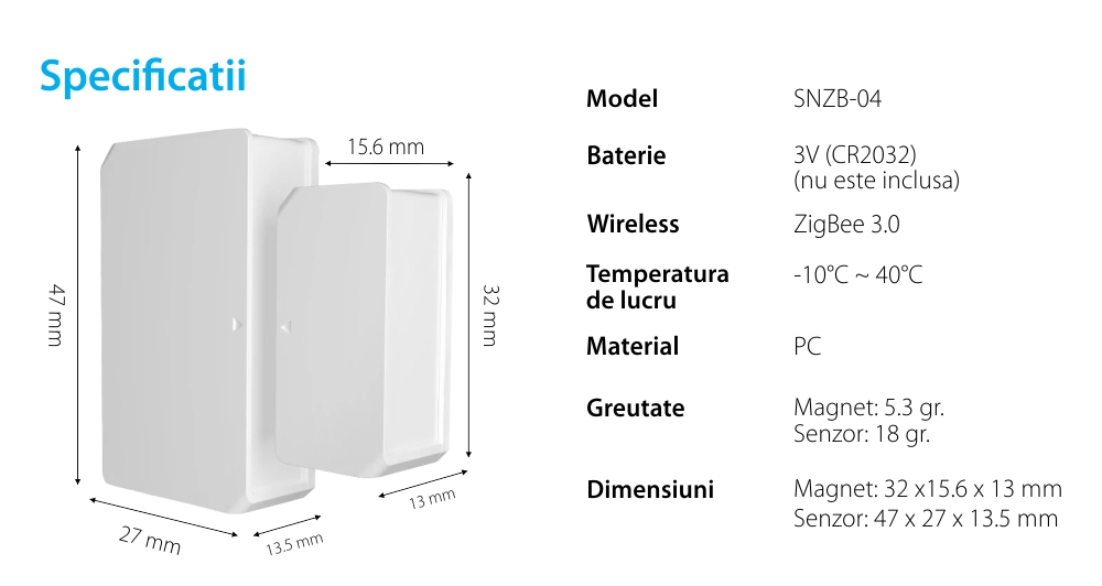 Senzor pentru usi si ferestre Sonoff SNZB-04, Wi-Fi, Protocol ZigBee, Notificari aplicatie