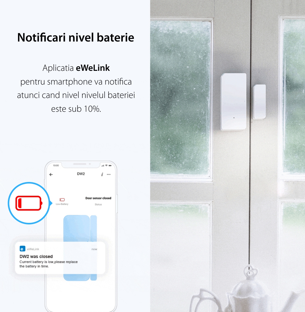 Senzor pentru usi si ferestre Sonoff DW2, Wi-Fi, Notificari si control din aplicatie