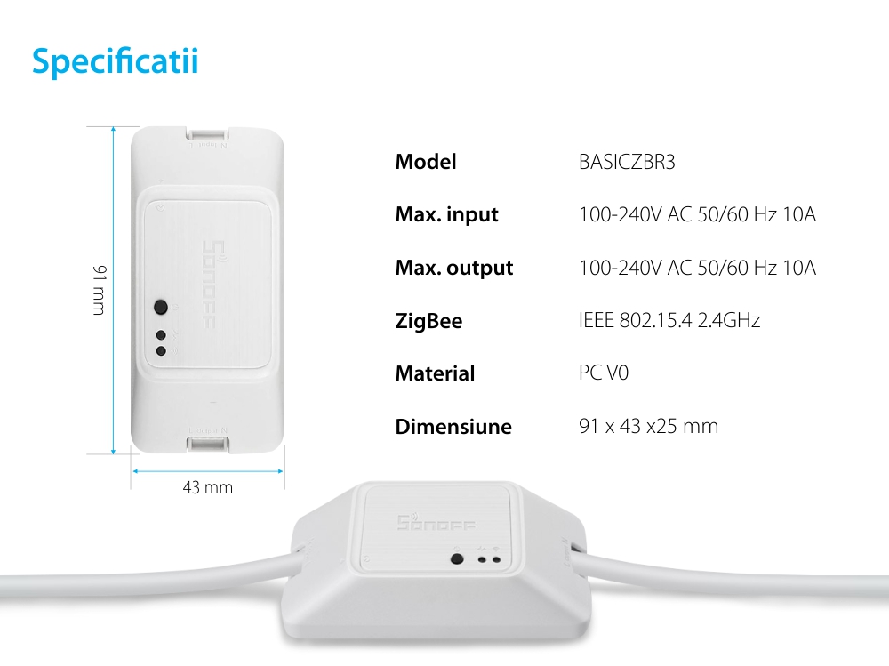 Releu wireless Sonoff Basic R3, Protocol ZigBee, Control aplicatie, Compatibil cu asistenti vocali