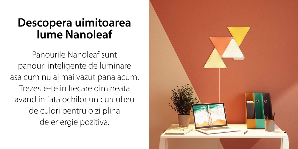 Kit 4 Panouri luminaose Nanoleaf Shapes Triangles, 16 Milioane culori, Iluminare LED RGBW, 320 Lumeni