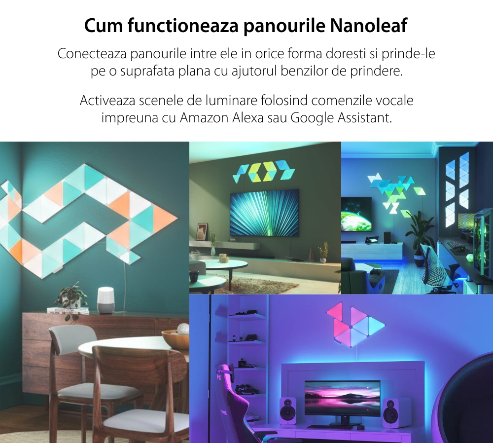 Kit 4 Panouri luminaose Nanoleaf Shapes Triangles, 16 Milioane culori, Iluminare LED RGBW, 320 Lumeni