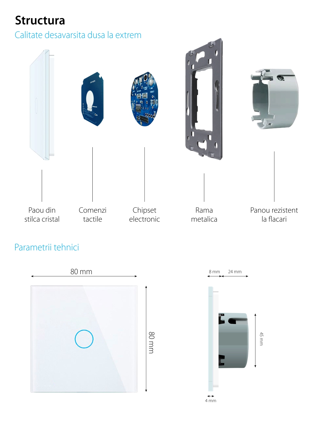 Intrerupator simplu cu revenire / contact uscat Livolo cu touch din sticla