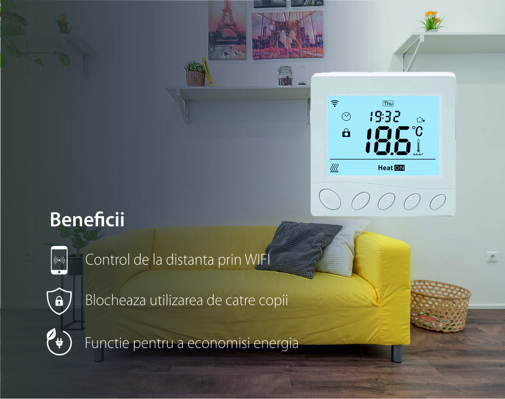 Termostat Wi-Fi pentru incalzirea electrica in pardoseala BeOk TR33-WIFI-EP