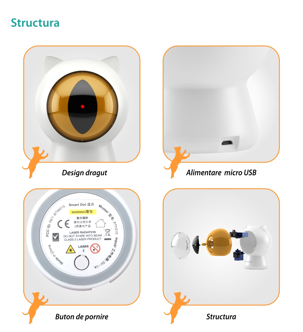 Jucarie inteligenta pentru pisici Petoneer Smart Dot, Control aplicatie, Programare, Alimentare USB – Resigilat