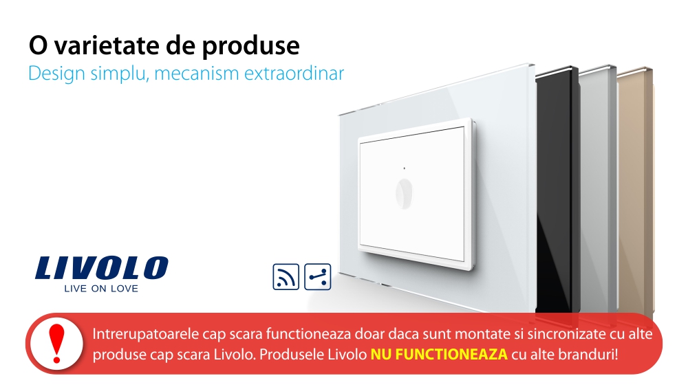 Intrerupator simplu cap scara / cap cruce wireless cu touch Livolo cu rama din sticla, standard Italian – Serie noua