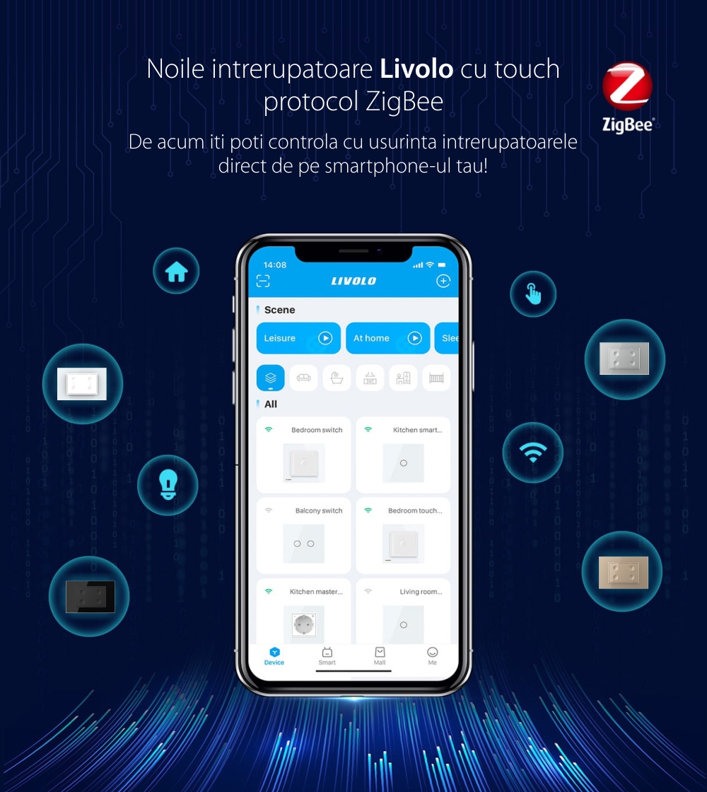 Intrerupator cvadruplu cu touch Livolo cu rama din sticla, protocol ZigBee, standard Italian – Serie noua