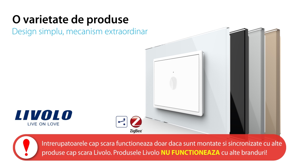 Intrerupator simplu cap scara / cap cruce cu touch Livolo cu rama din sticla, standard Italian, protocol ZigBee – Serie noua