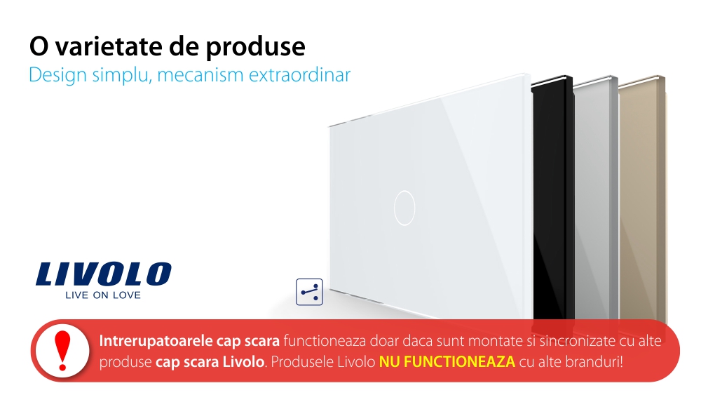 Intrerupator simplu cap scara / cap cruce cu touch Livolo din sticla, standard Italian, protocol ZigBee – Serie noua