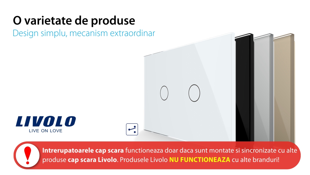 Intrerupator dublu cap scara / cap cruce cu touch Livolo din sticla, standard Italian, protocol ZigBee – Serie noua