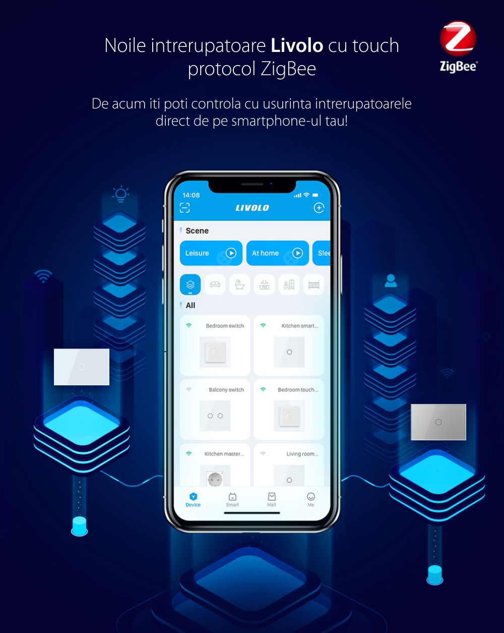 Intrerupator simplu cu touch Livolo din sticla, standard Italian, protocol ZigBee – Serie noua
