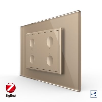 Intrerupator cvadruplu cap scara / cap cruce cu touch Livolo cu rama din sticla, standard Italian, protocol ZigBee – Serie noua culoare aurie